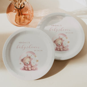 Cute Pink Watercolor Bear Girl Baby Shower Paper Plate