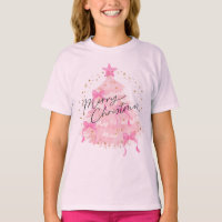 Cute Pink Watercolor Christmas Tree Girls Holiday 
