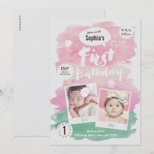 Cute Pink Watercolor First Birthday Party Girl  Invitation