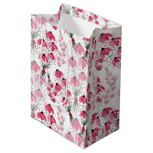 Cute Pink watercolor Floral Hand-painted Medium Gift Bag