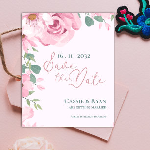 Cute Pink Watercolor Floral Wedding Save the Date Postcard