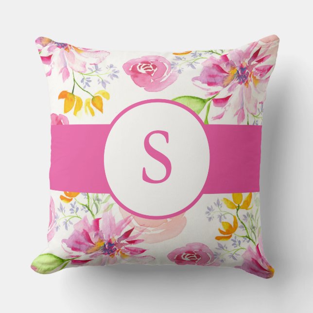 Cute Pink Watercolor Flowers and Monogram Throw Pillow (Front)