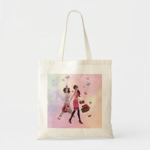 Cute Pink Watercolor Girl Paris Eiffel Tower Tote Bag