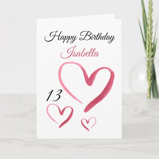 Cute Pink Watercolor Heart 13th Birthday  Card (Front)