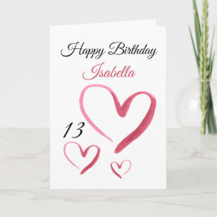 Cute Pink Watercolor Heart 13th Birthday  Card