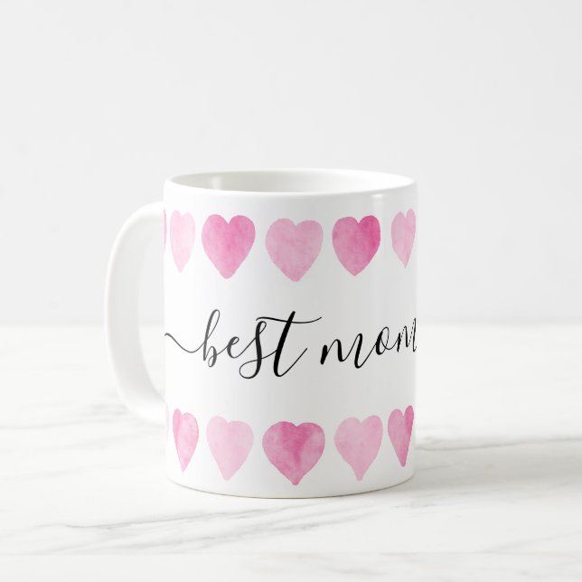 Cute Pink Watercolor Hearts Best Mom Ever Coffee Mug (Front Left)