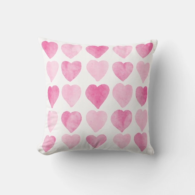 Cute Pink Watercolor Hearts Throw Pillow (Front)