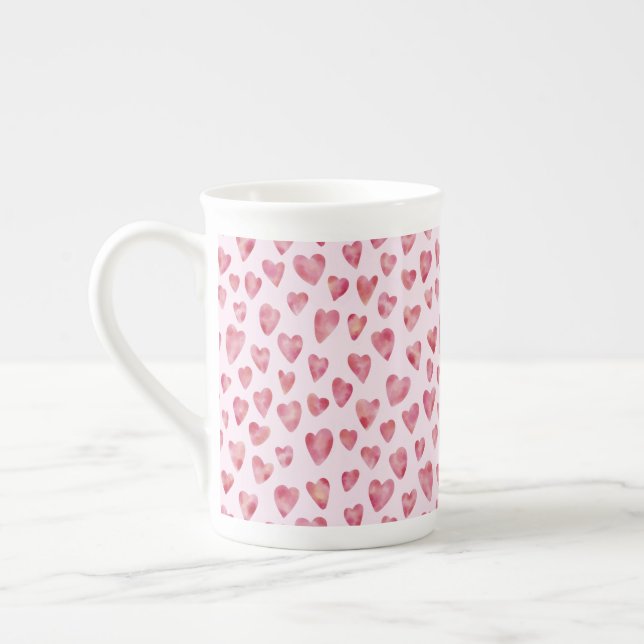 Cute Pink Watercolor Love Heart Pattern Bone China Mug (Left)
