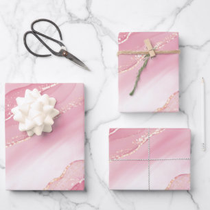 Cute Pink Watercolor Marble with Gold Glitter Wrapping Paper Sheet