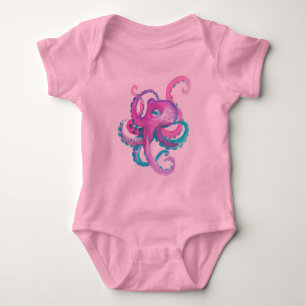 Cute Pink watercolor Octopus   Baby Bodysuit