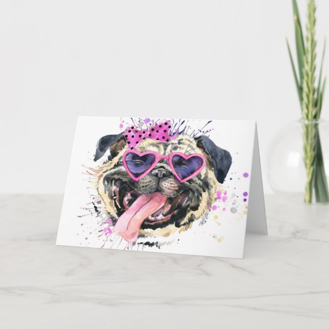 Cute Pink Watercolor Pug Card (Front)