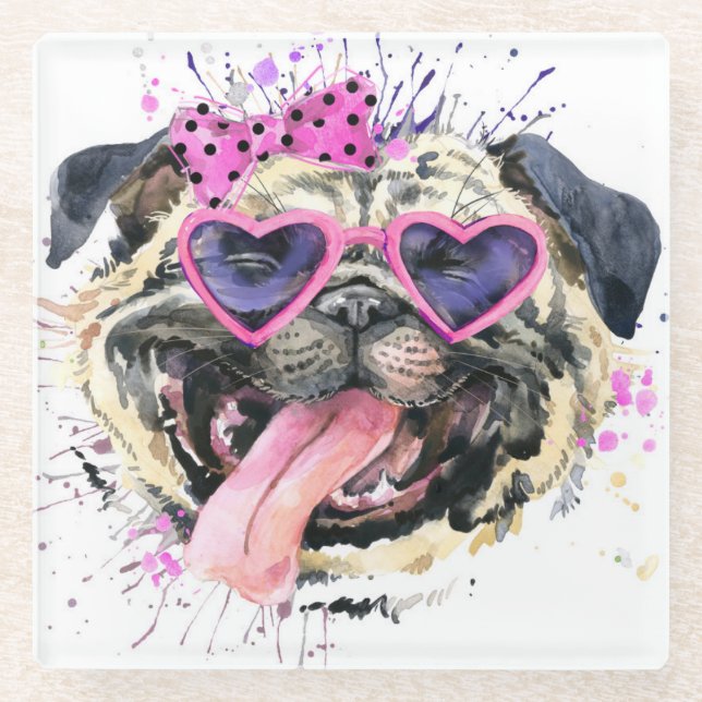 Cute Pink Watercolor Pug Glass Coaster (Front)