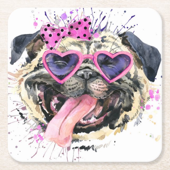 Cute Pink Watercolor Pug Square Paper Coaster (Front)