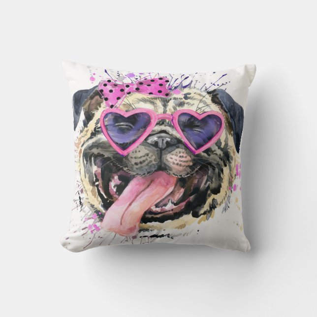 Cute Pink Watercolor Pug Throw Pillow (Front)