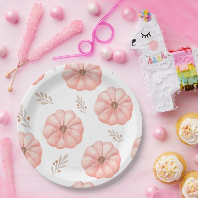 Cute Pink Watercolor Pumpkin Flower Paper Plate (Party)