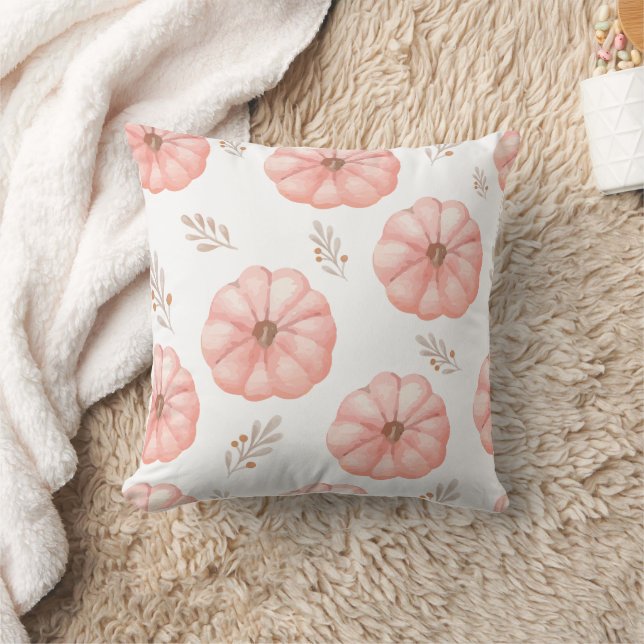 Cute Pink Watercolor Pumpkin Flower Throw Pillow (Blanket)