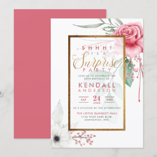 Cute Pink Watercolor Roses Floral Surprise Party Invitation