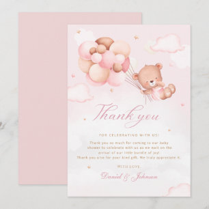 Cute Pink Watercolor Teddy Bear Girl Baby Shower  Thank You Card