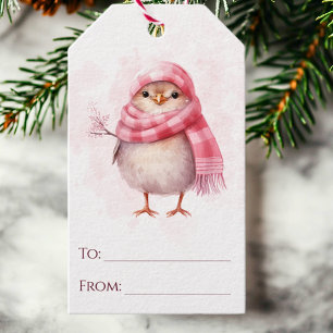 Cute Pink Watercolor Winter Bird Christmas Gift Tags
