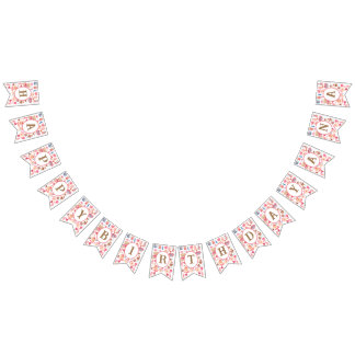 Cute pink watercolor with teddy bear and heart  bunting flags