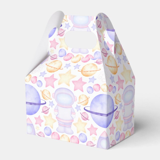 Cute Pink Watercolour Space Astronauts Birthday Favor Box (Front Side)