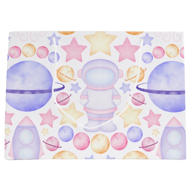 Cute Pink Watercolour Space Astronauts Birthday Large Gift Bag (Front)