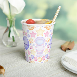 Cute Pink Watercolour Space Astronauts Birthday Paper Cups