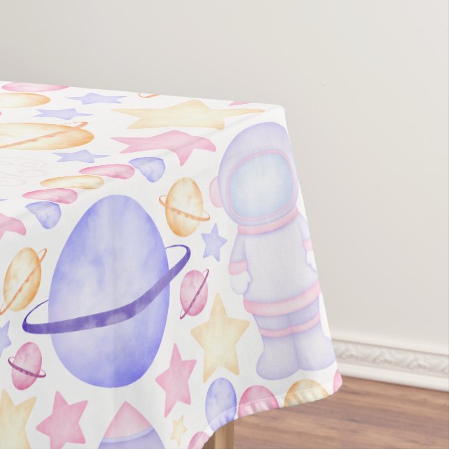 Cute Pink Watercolour Space Astronauts Birthday Tablecloth (In Situ)