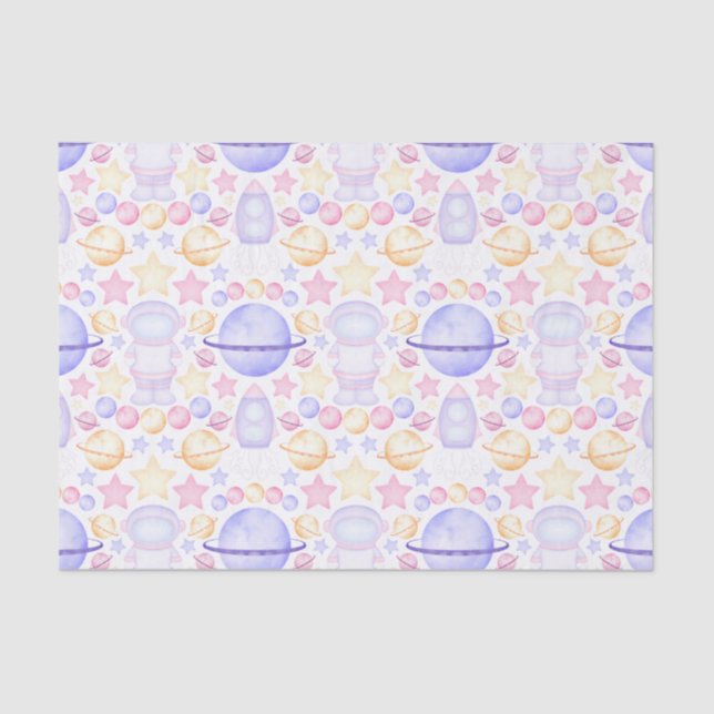 Cute Pink Watercolour Space Astronauts Birthday Tissue Paper (Front)