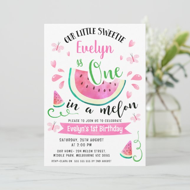 Cute Pink Watermelon One  In A Melon 1st Birthday Invitation (Standing Front)