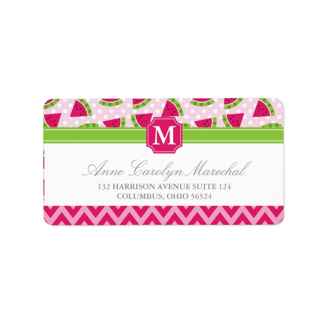 Cute Pink Watermelon Polka Dots Chevron Monogram Label (Front)