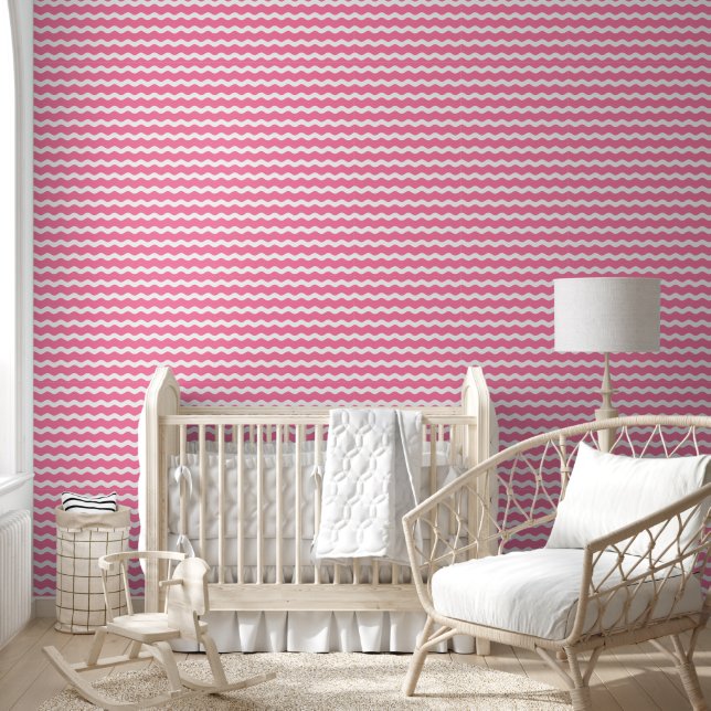 Cute Pink Wavy Ric Rac Striped Pattern Wallpaper (Kids)