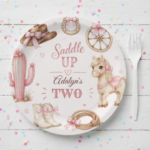 Cute Pink Western Cowgirl Horse Birthday Paper Plate