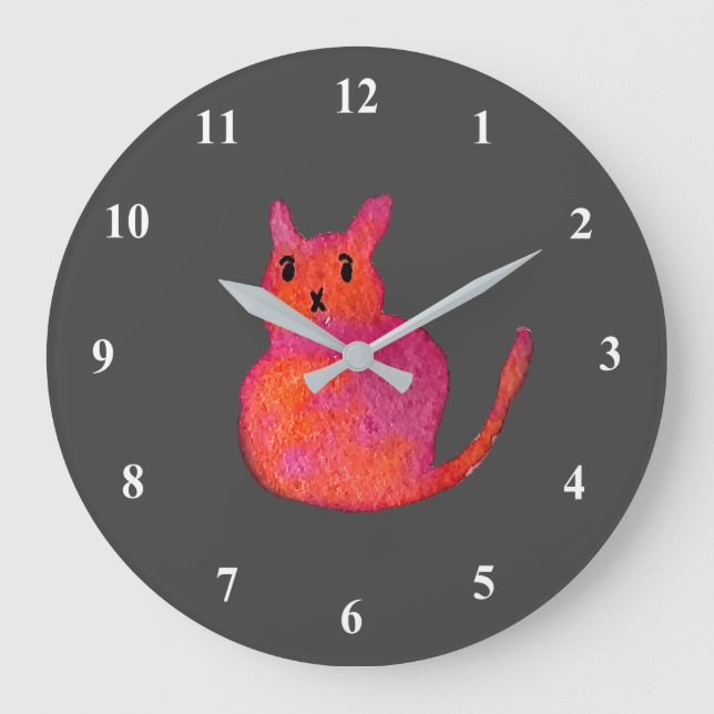 Cute pink whimsical cat watercolor illustration large clock (Front)