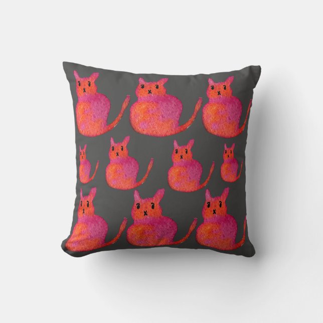 Cute pink whimsical cat watercolor illustration throw pillow (Front)