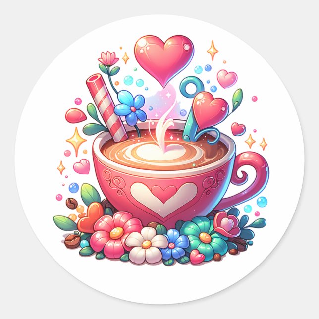 Cute Pink Whimsical Coffee & Hearts Classic Round Sticker (Front)