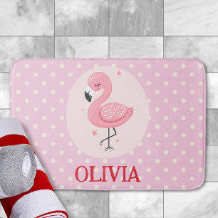 Cute Pink Whimsical Flamingo with Polka Dots Bath Mat