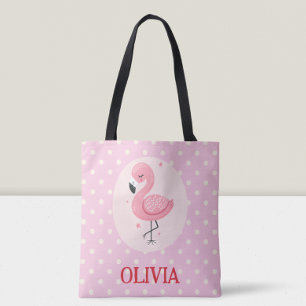 Cute Pink Whimsical  Flamingo with Polka Dots Tote Bag