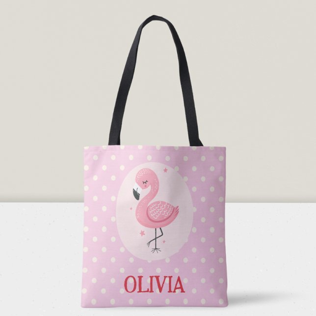 Cute Pink Whimsical  Flamingo with Polka Dots Tote Bag (Creator Uploaded)