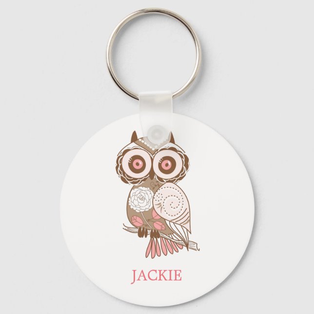 Cute Pink Whimsical Owl Personalized Keychain (Front)