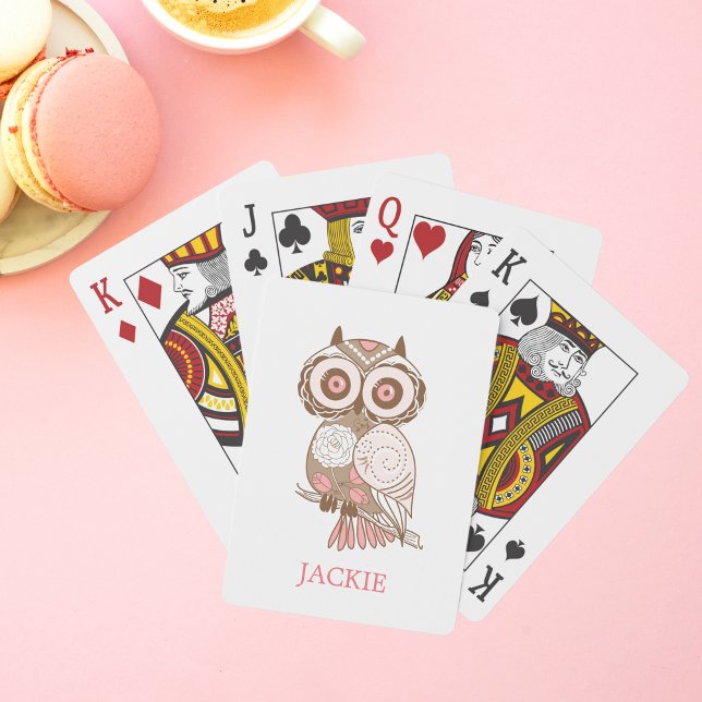 Cute Pink Whimsical Owl Personalized Playing Cards (Creator Uploaded)