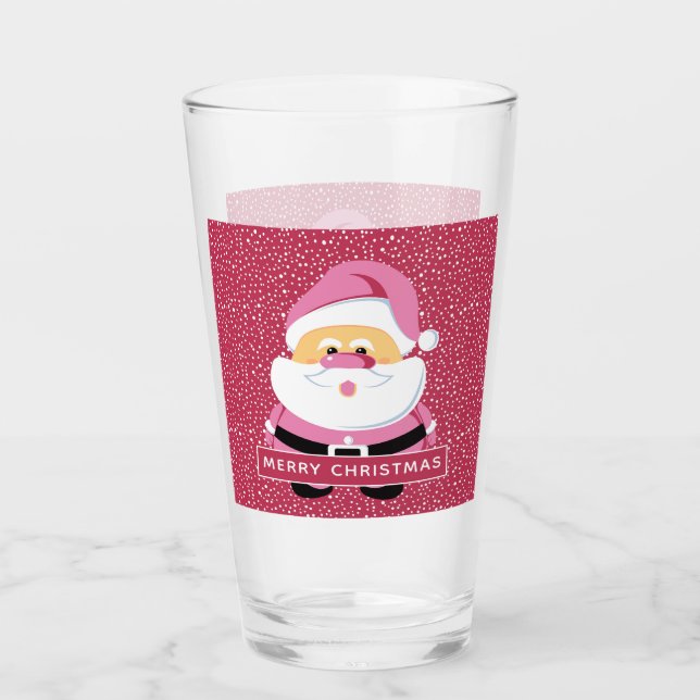 Cute pink whimsical Santa Claus and snow Christmas Glass (Front)