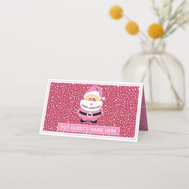 Cute pink whimsical Santa Claus Christmas escort Place Card (Front)