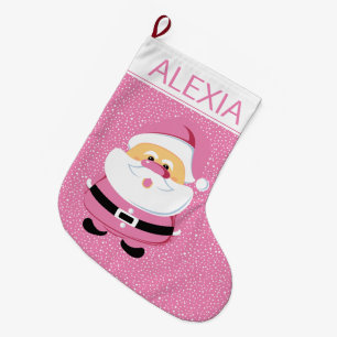Cute pink whimsical Santa Claus Christmas holiday Large Christmas Stocking