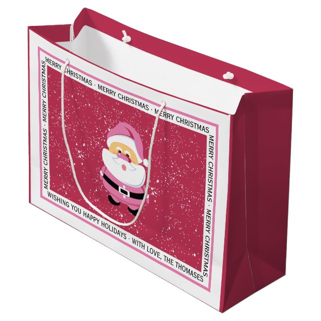 Cute pink whimsical Santa Claus Christmas holiday Large Gift Bag (Front Angled)