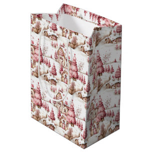 Cute Pink Whimsical Snowy Christmas Pattern Medium Gift Bag