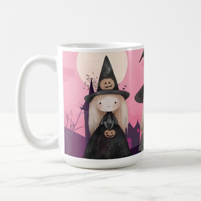 Cute Pink Whimsical Witches Halloween Personalized Coffee Mug (Left)