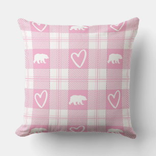 Cute Pink & White Bear and Heart Flannel Plaid Throw Pillow