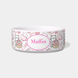 Cute Pink & White Cat Print Personalized Cat Bowl