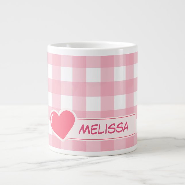Cute Pink & White Check Personalized Jumbo Mug (Front)